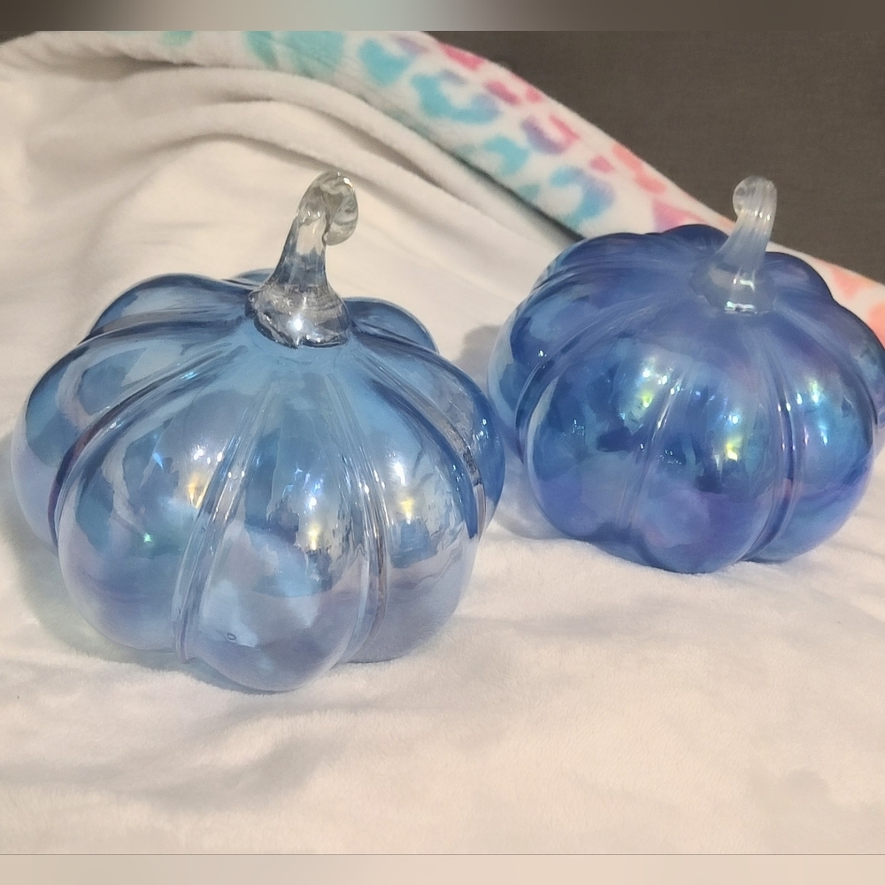 Set of 2 Blue Iridescent Clear Glass Pumpkins